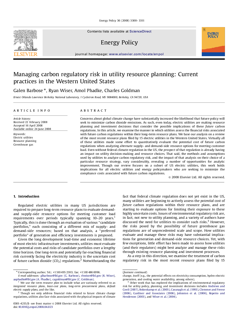 Managing carbon regulatory risk in utility resource planning: Current practices in the Western United States