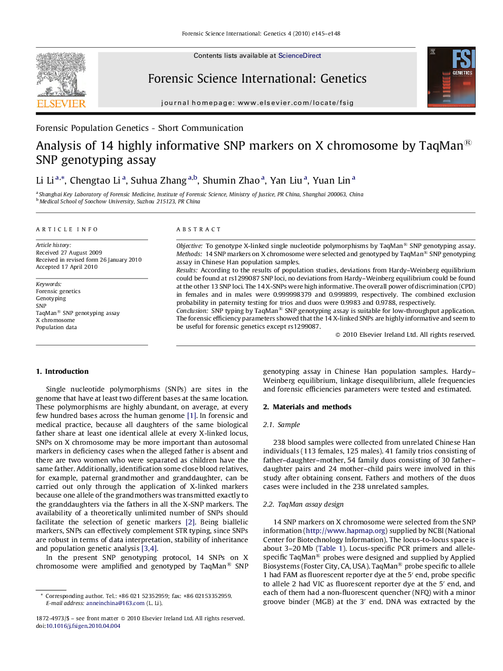 Analysis of 14 highly informative SNP markers on X chromosome by TaqMan® SNP genotyping assay