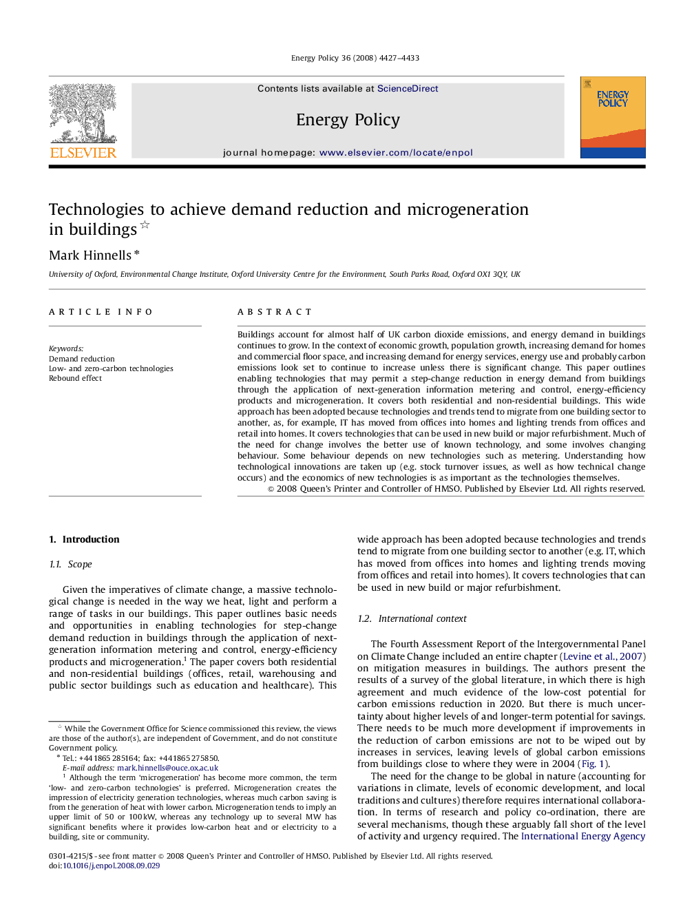 Technologies to achieve demand reduction and microgeneration in buildings 