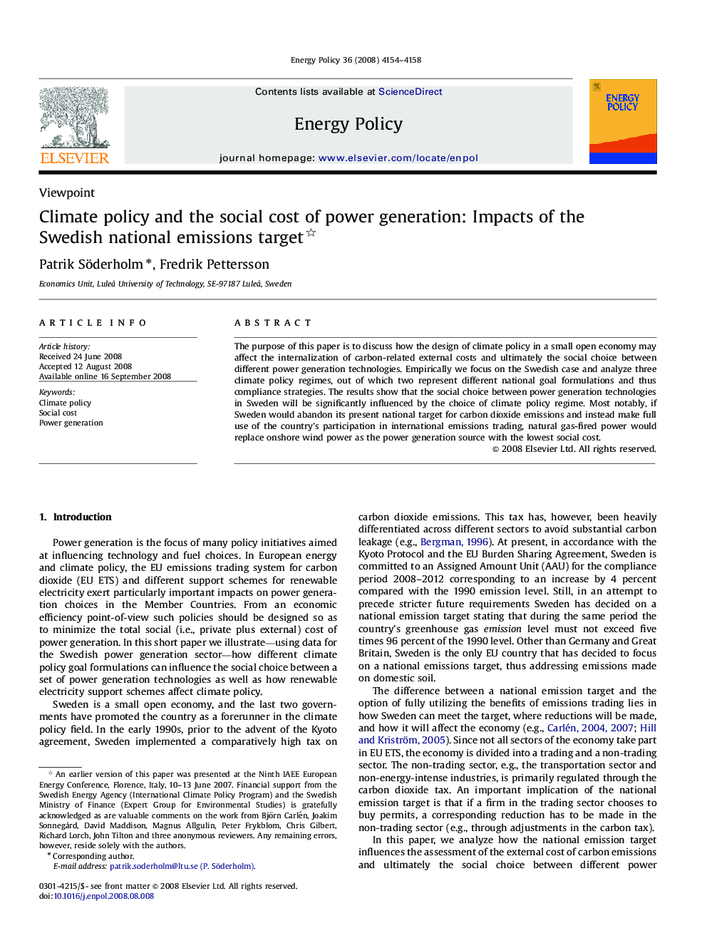 Climate policy and the social cost of power generation: Impacts of the Swedish national emissions target 