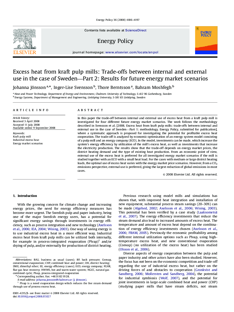 Excess heat from kraft pulp mills: Trade-offs between internal and external use in the case of Sweden—Part 2: Results for future energy market scenarios