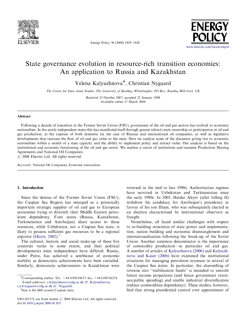 State governance evolution in resource-rich transition economies: An application to Russia and Kazakhstan
