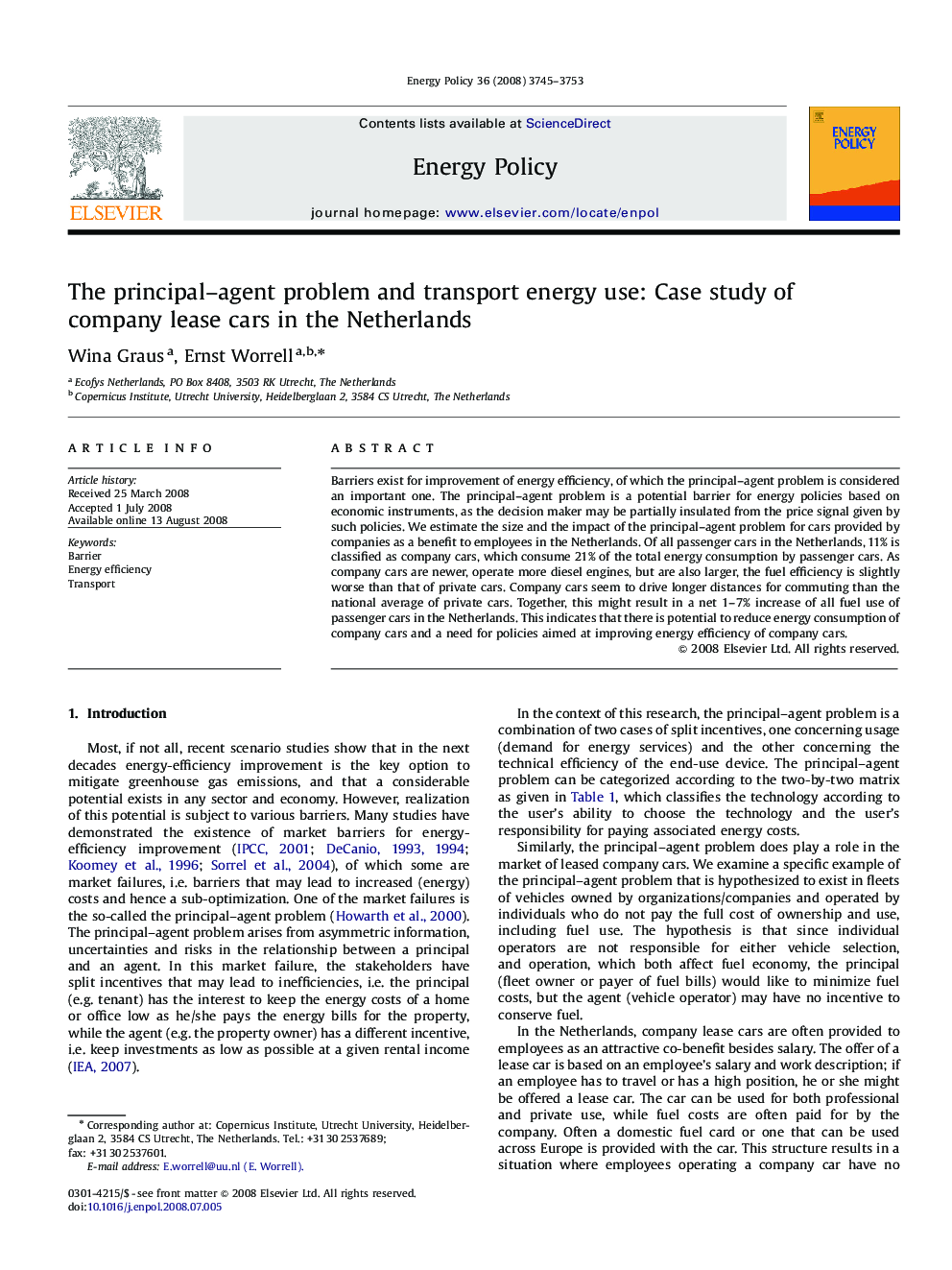 The principal–agent problem and transport energy use: Case study of company lease cars in the Netherlands