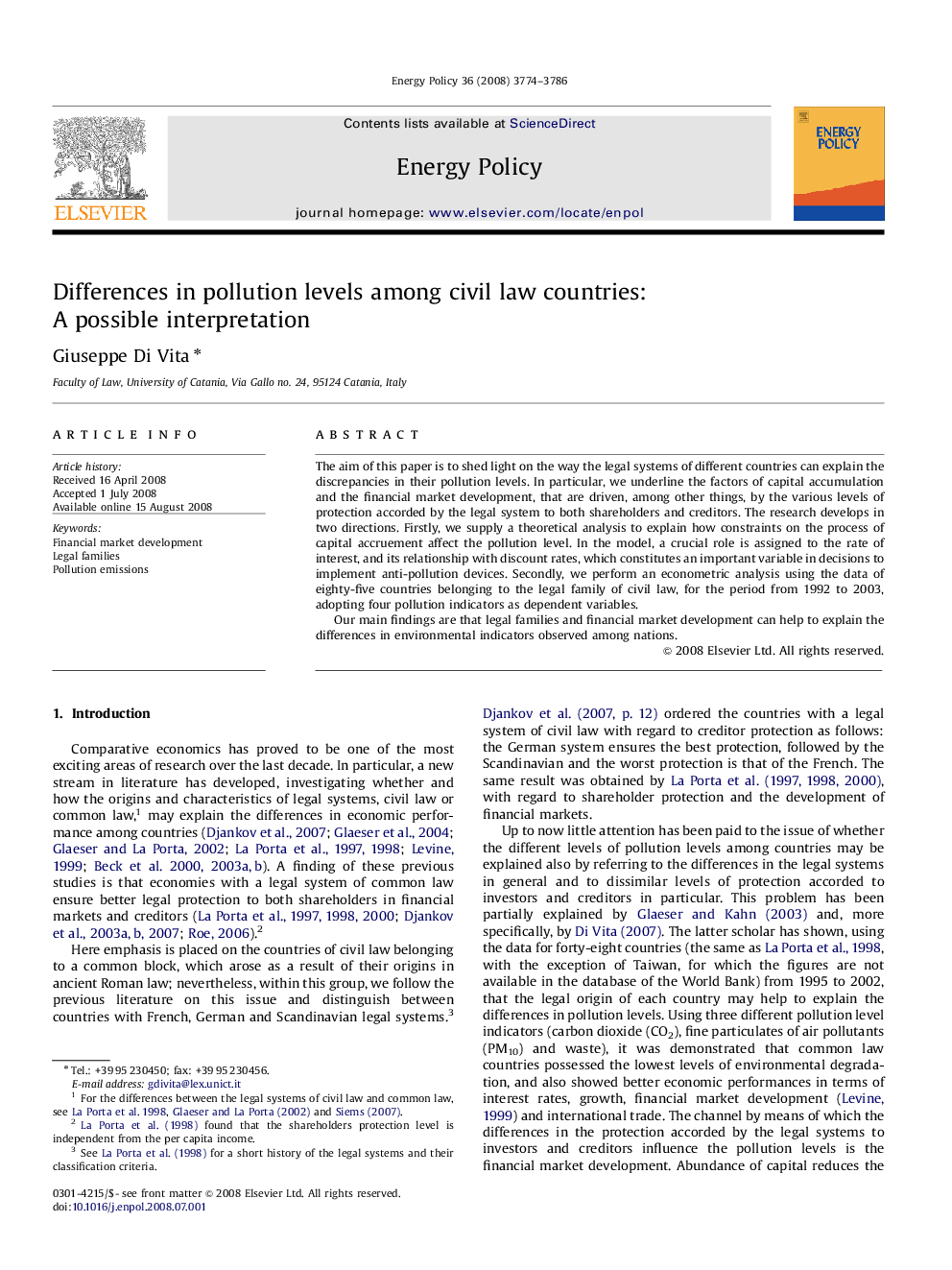 Differences in pollution levels among civil law countries: A possible interpretation