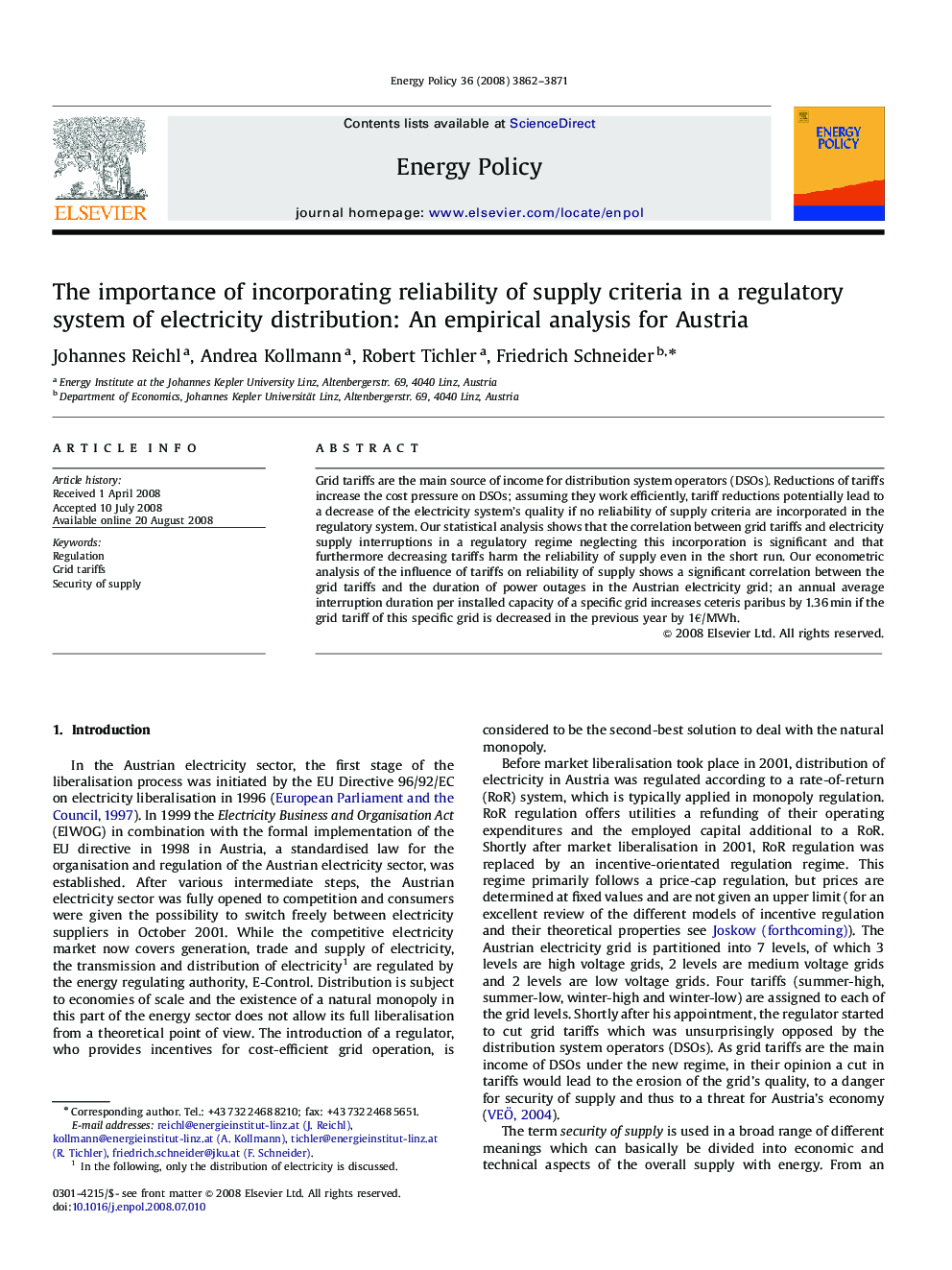 The importance of incorporating reliability of supply criteria in a regulatory system of electricity distribution: An empirical analysis for Austria