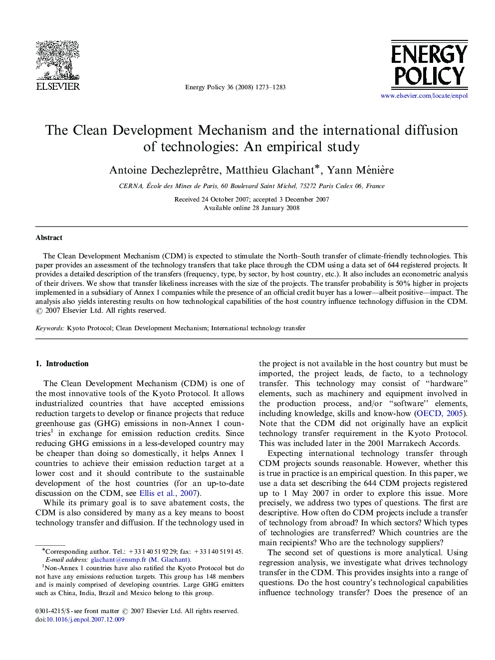The Clean Development Mechanism and the international diffusion of technologies: An empirical study