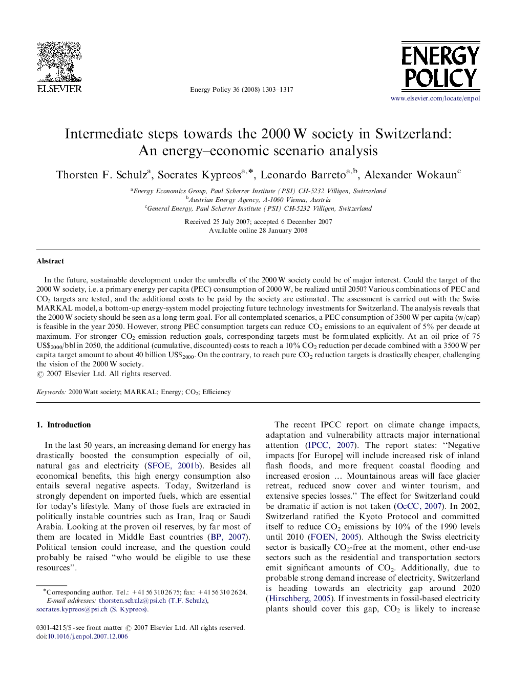 Intermediate steps towards the 2000 W society in Switzerland: An energy–economic scenario analysis