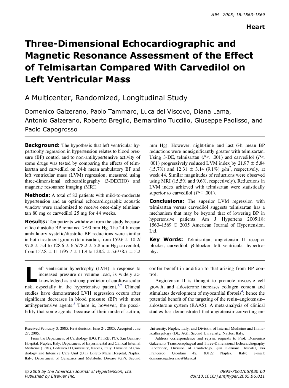 Three-Dimensional Echocardiographic and Magnetic Resonance Assessment of the Effect of Telmisartan Compared With Carvedilol on Left Ventricular Mass