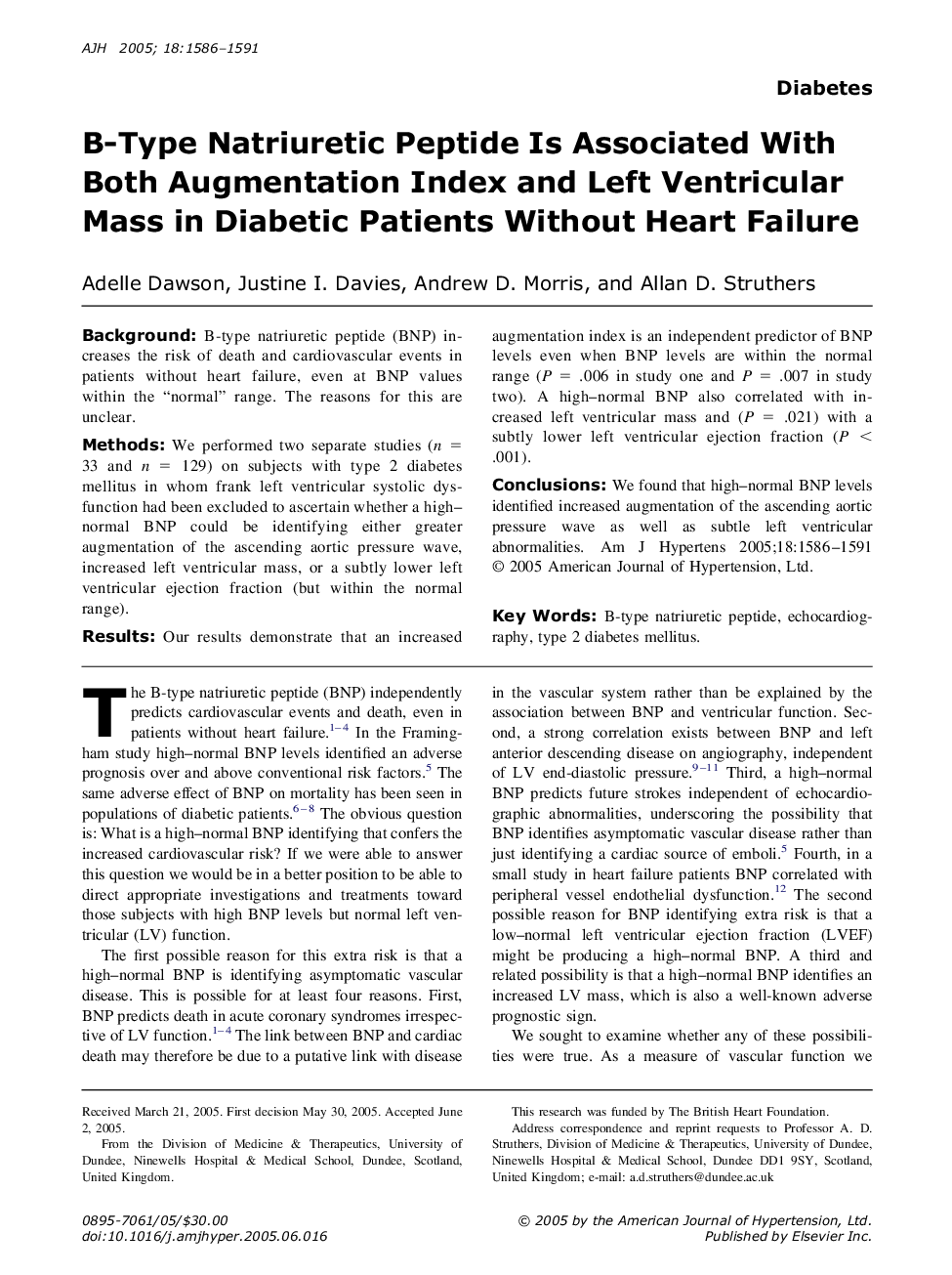 B-Type Natriuretic Peptide Is Associated With Both Augmentation Index and Left Ventricular Mass in Diabetic Patients Without Heart Failure