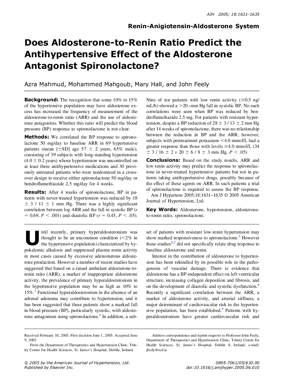 Does Aldosterone-to-Renin Ratio Predict the Antihypertensive Effect of the Aldosterone Antagonist Spironolactone?