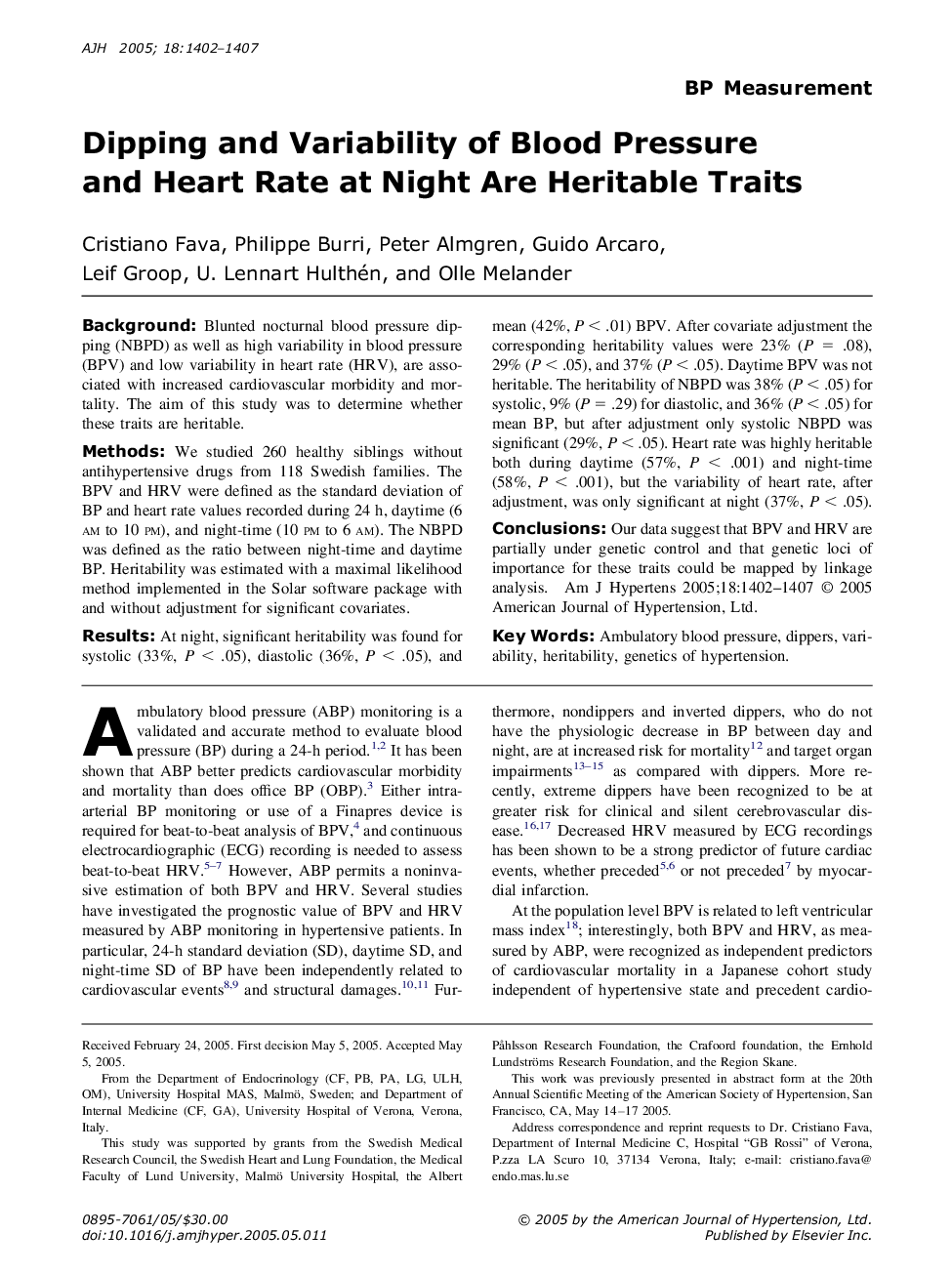 Dipping and Variability of Blood Pressure and Heart Rate at Night Are Heritable Traits