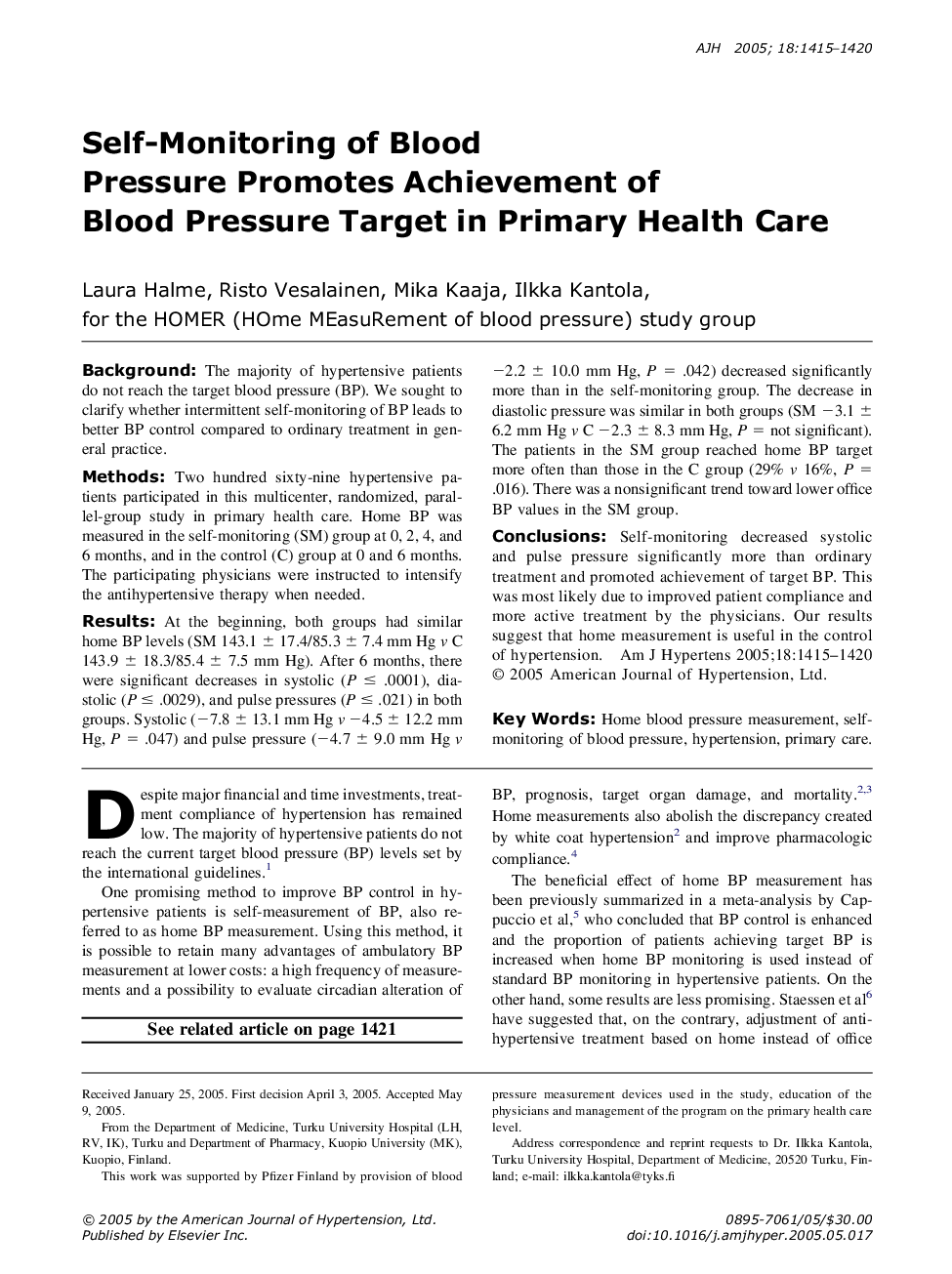 Self-Monitoring of Blood Pressure Promotes Achievement of Blood Pressure Target in Primary Health Care