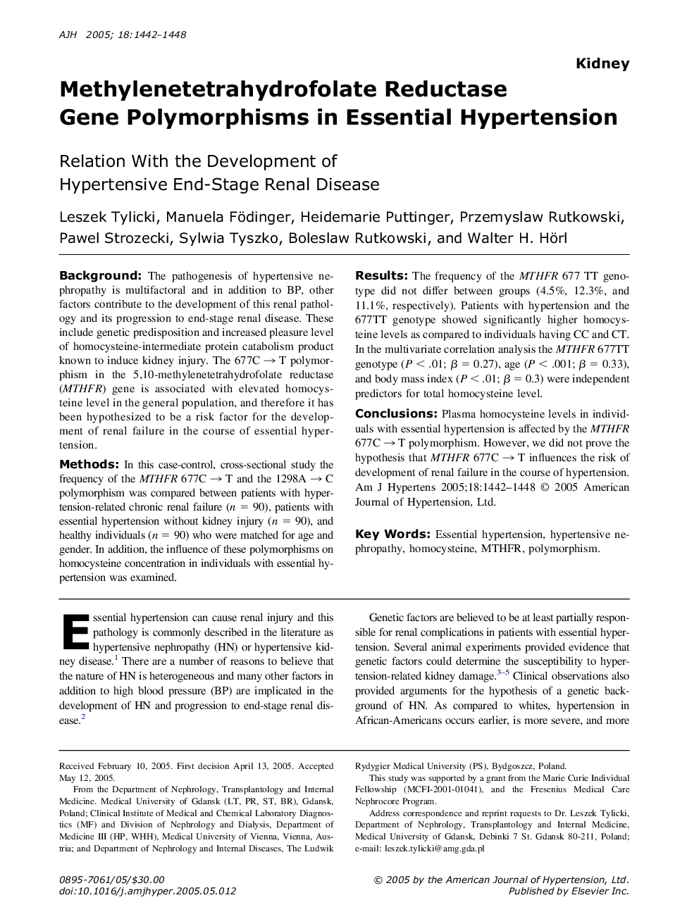 Methylenetetrahydrofolate Reductase Gene Polymorphisms in Essential Hypertension