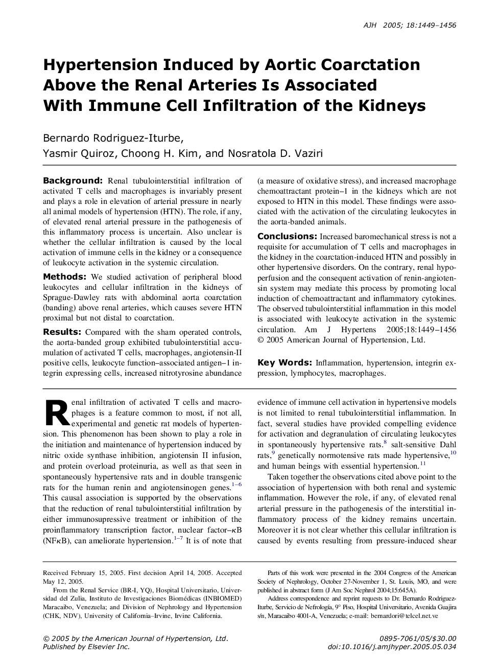 Hypertension Induced by Aortic Coarctation Above the Renal Arteries Is Associated With Immune Cell Infiltration of the Kidneys