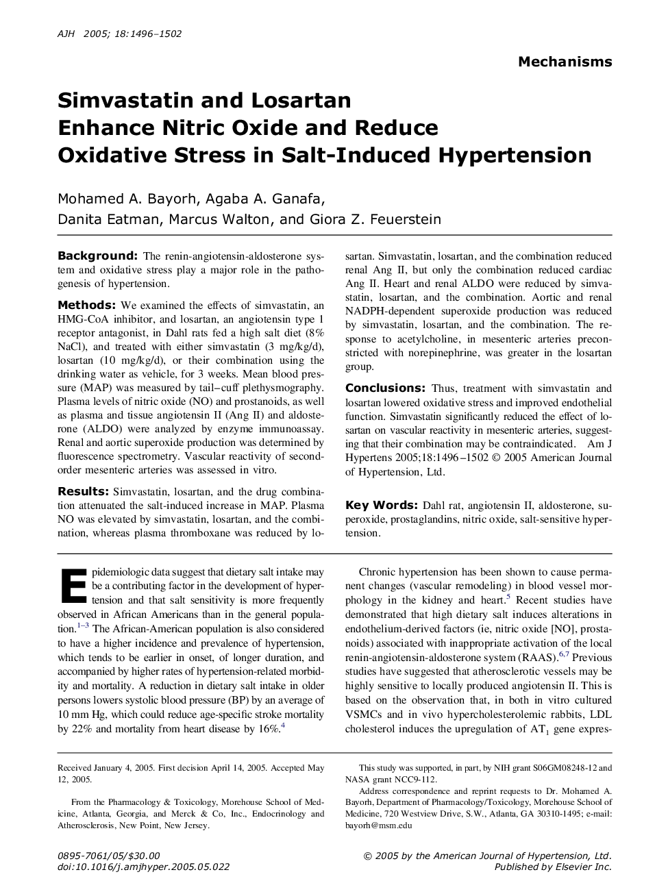 Simvastatin and Losartan Enhance Nitric Oxide and Reduce Oxidative Stress in Salt-Induced Hypertension