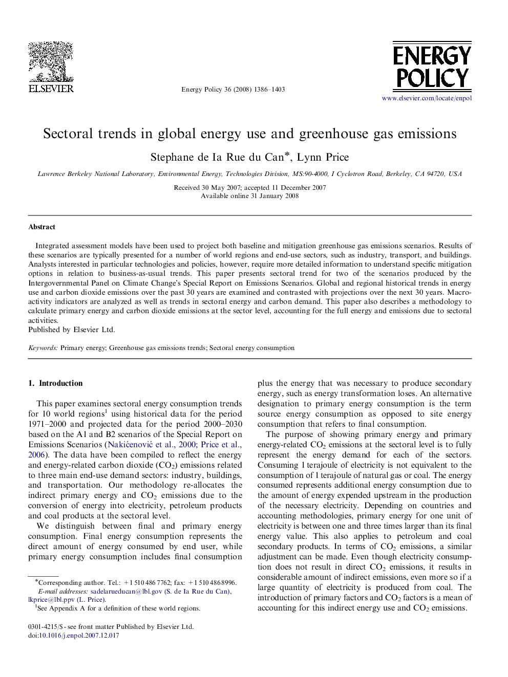 Sectoral trends in global energy use and greenhouse gas emissions