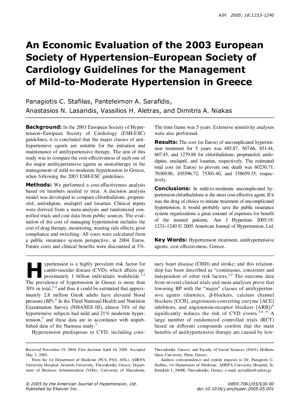 An Economic Evaluation of the 2003 European Society of Hypertension-European Society of Cardiology Guidelines for the Management of Mild-to-Moderate Hypertension in Greece