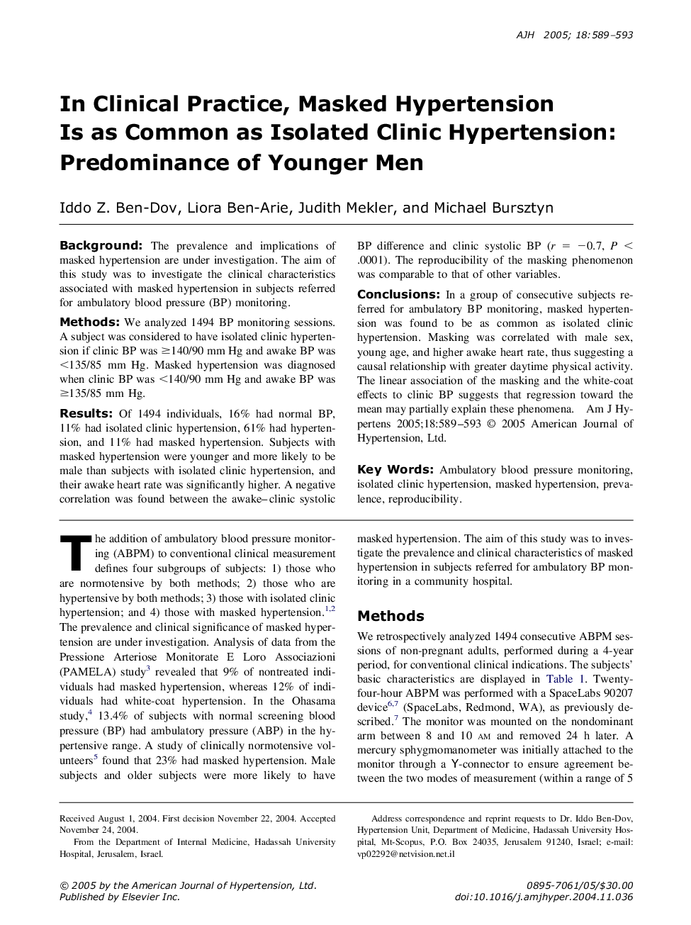 In Clinical Practice, Masked Hypertension is as Common as Isolated Clinic Hypertension: Predominance of Younger Men