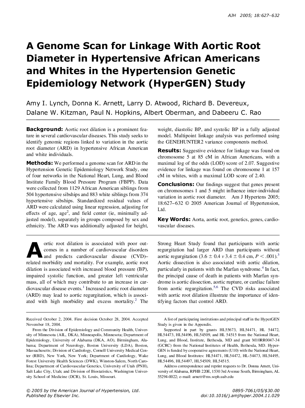 A Genome Scan for Linkage With Aortic Root Diameter in Hypertensive African Americans and Whites in the Hypertension Genetic Epidemiology Network (HyperGEN) Study