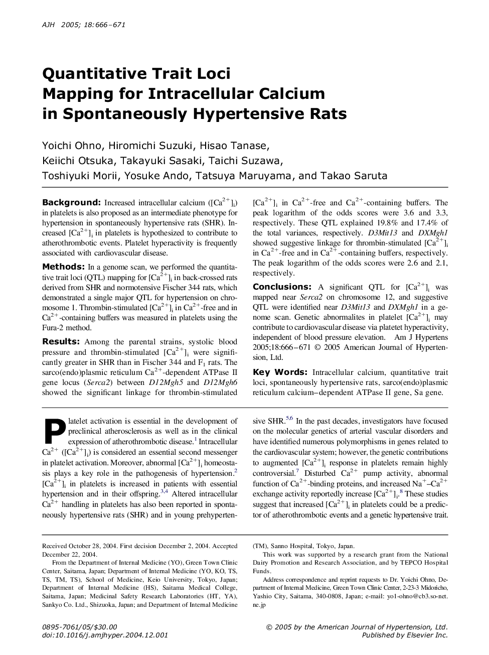 Quantitative Trait Loci Mapping for Intracellular Calcium in Spontaneously Hypertensive Rats