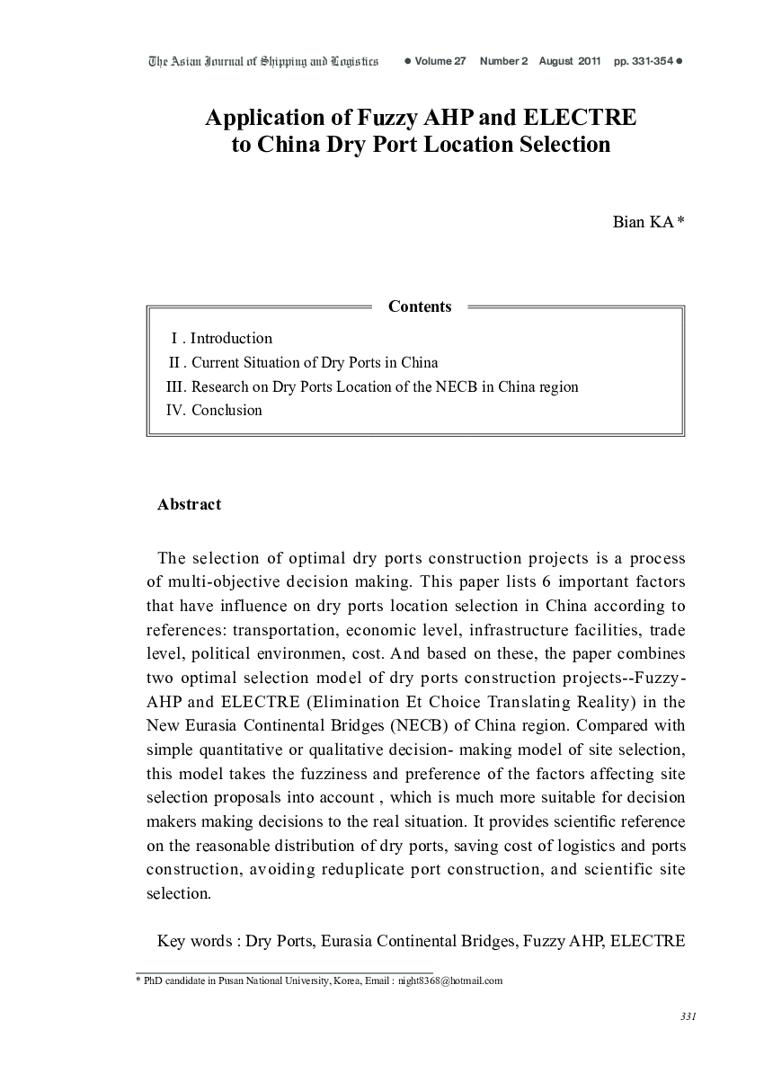 Application of Fuzzy AHP and ELECTRE to China Dry Port Location Selection