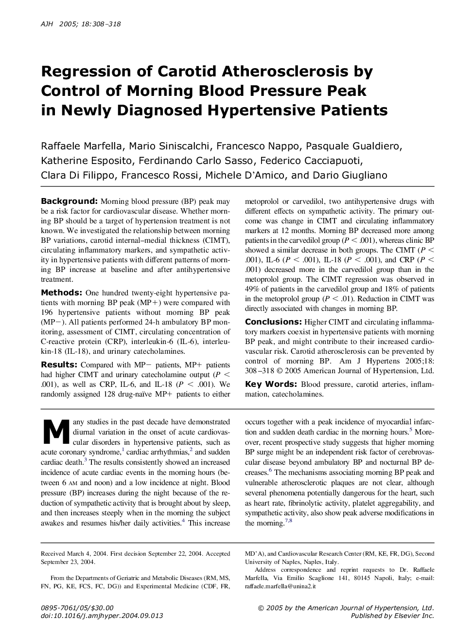 Regression of carotid atherosclerosis by control of morning blood pressure peak in newly diagnosed hypertensive patients