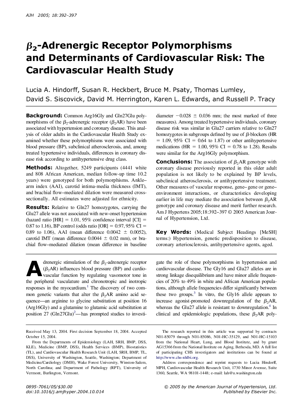 Î²2-adrenergic receptor polymorphisms and determinants of cardiovascular risk: The Cardiovascular Health Study