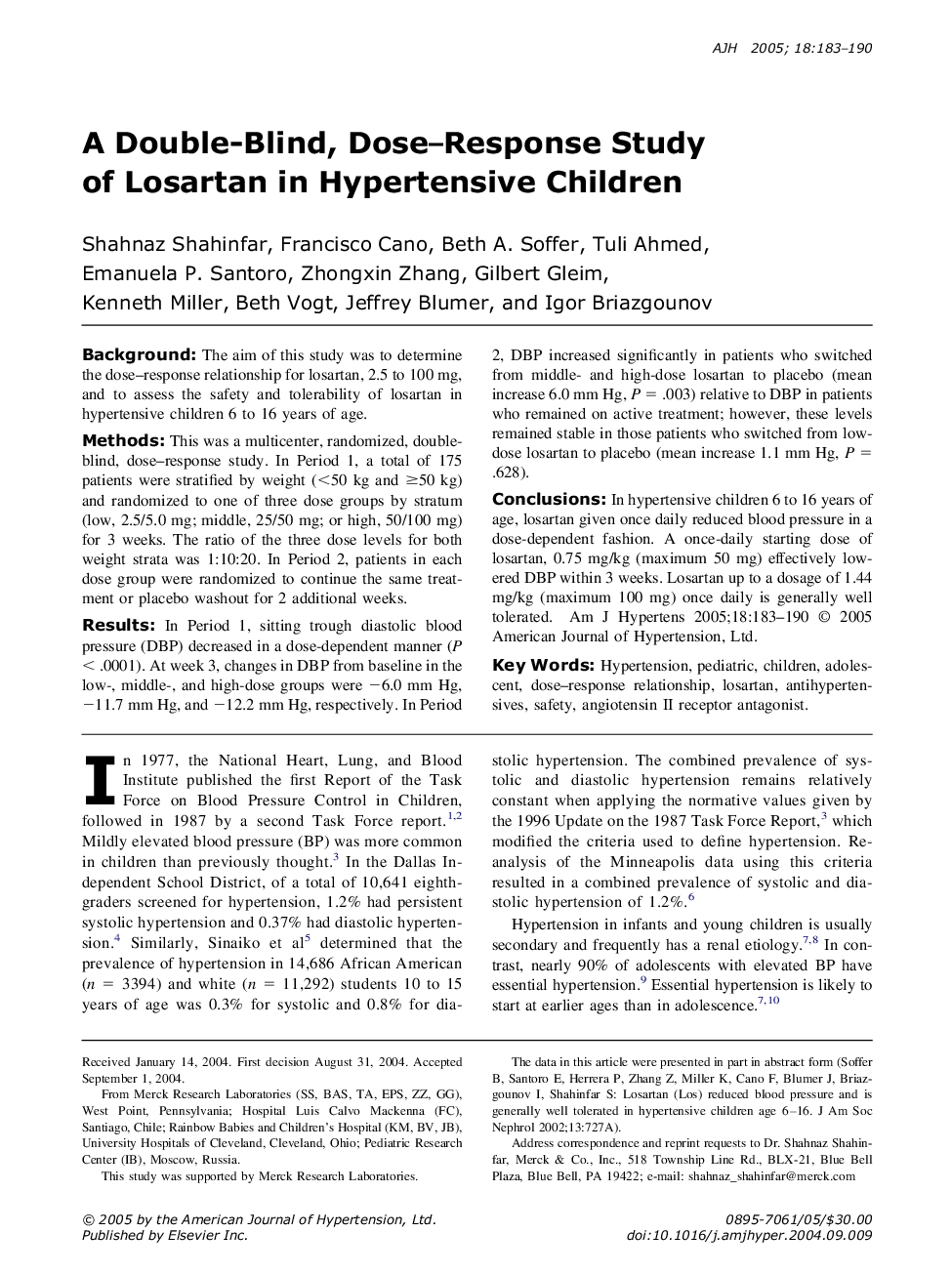 A double-blind, dose-response study of losartan in hypertensive children