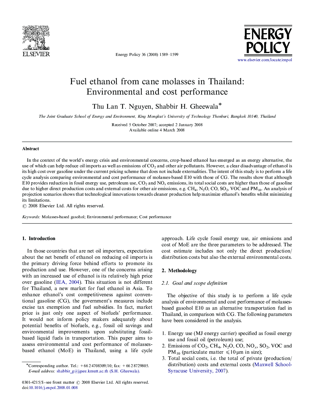 Fuel ethanol from cane molasses in Thailand: Environmental and cost performance