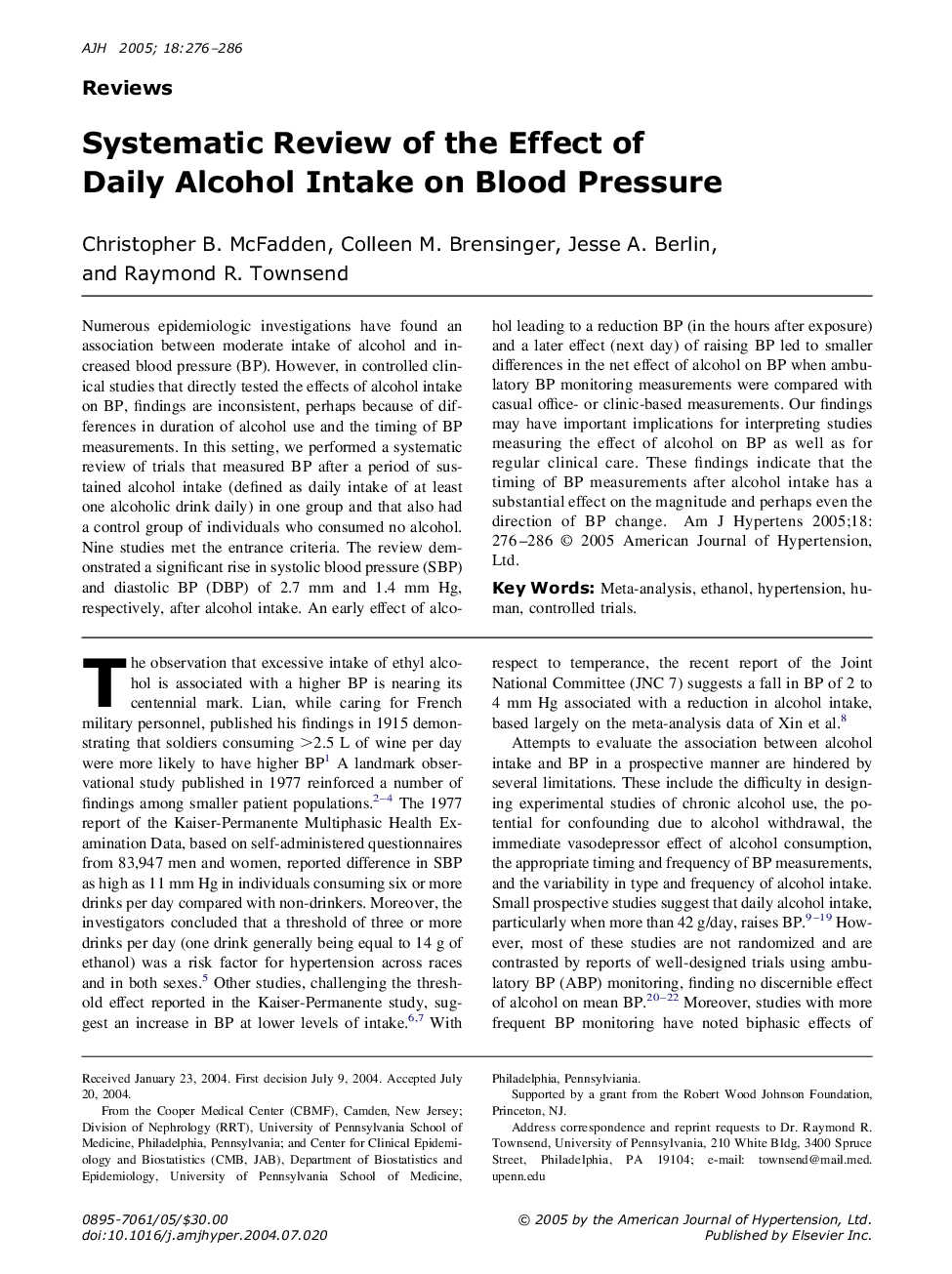 Systematic review of the effect of daily alcohol intake on blood pressure