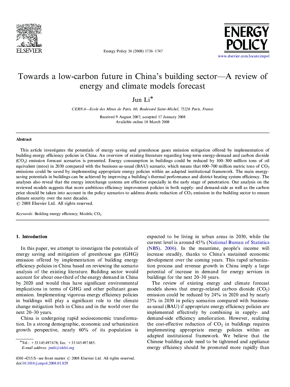 Towards a low-carbon future in China's building sector—A review of energy and climate models forecast