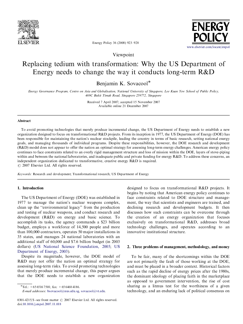 Replacing tedium with transformation: Why the US Department of Energy needs to change the way it conducts long-term R&D