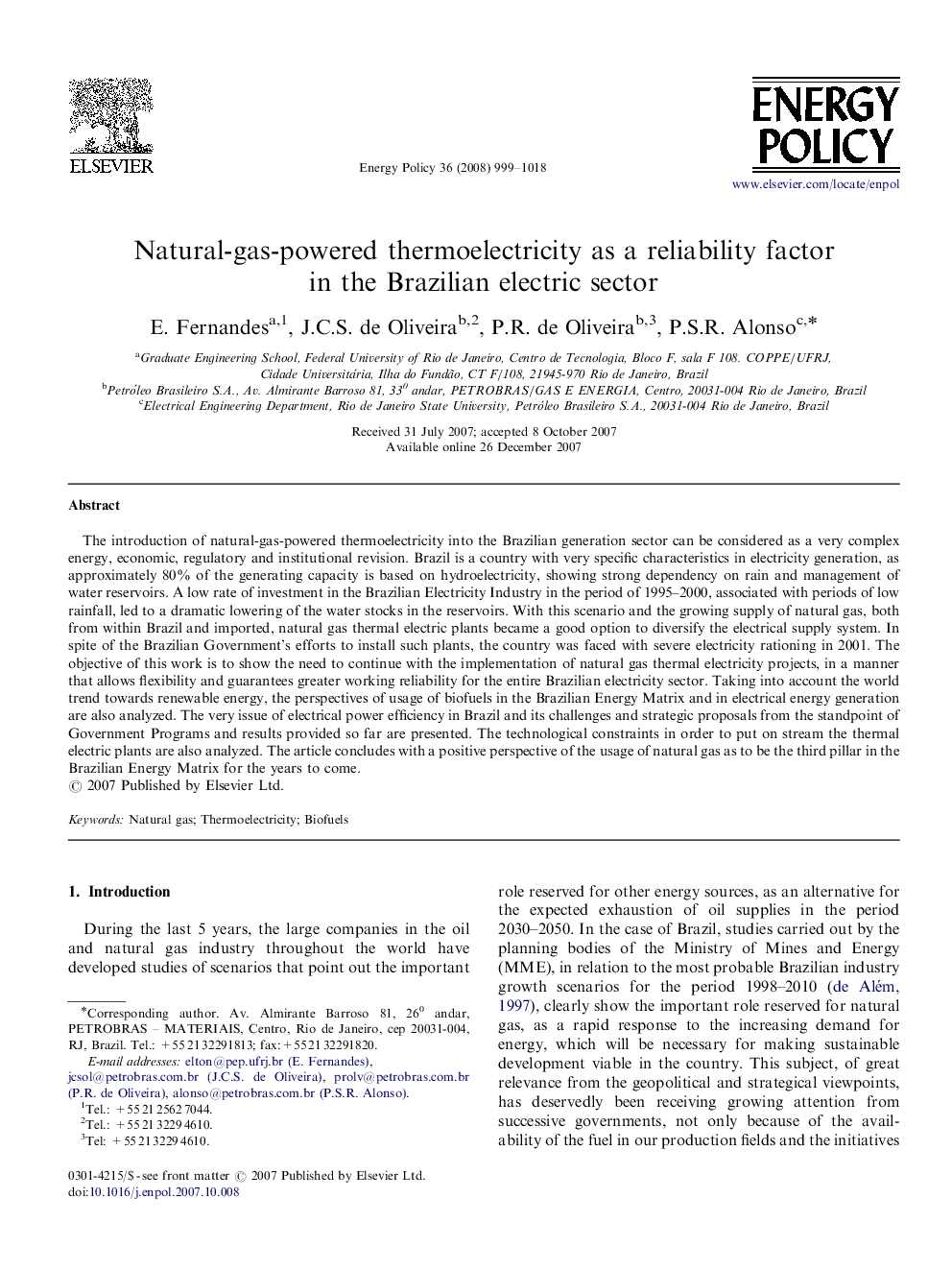 Natural-gas-powered thermoelectricity as a reliability factor in the Brazilian electric sector