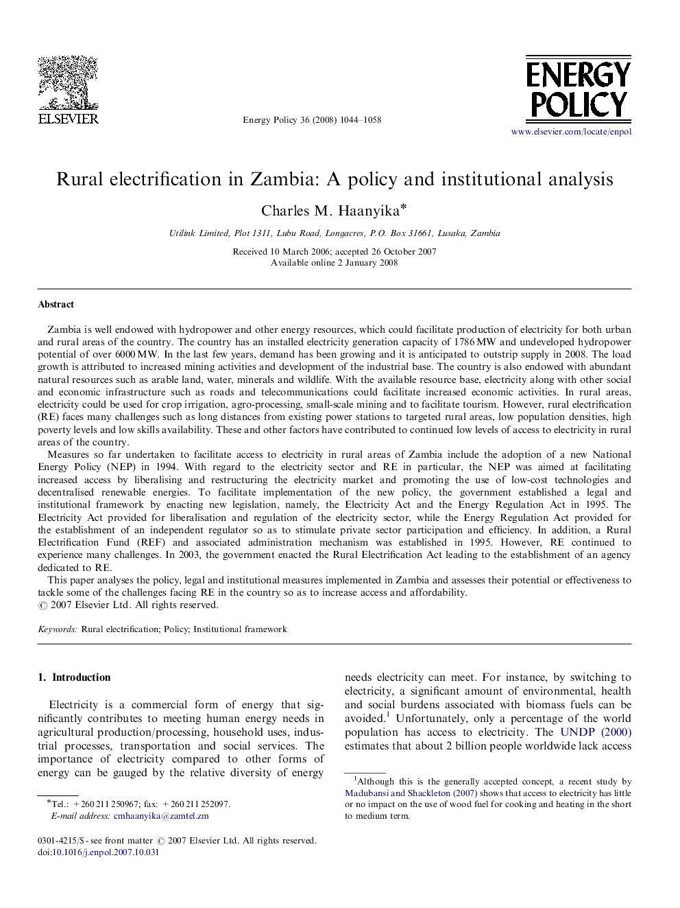 Rural electrification in Zambia: A policy and institutional analysis