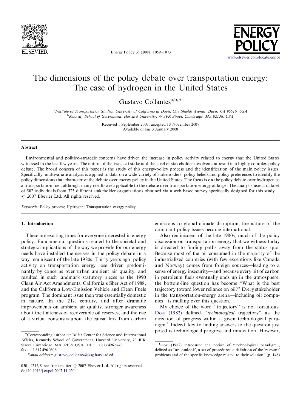 The dimensions of the policy debate over transportation energy: The case of hydrogen in the United States