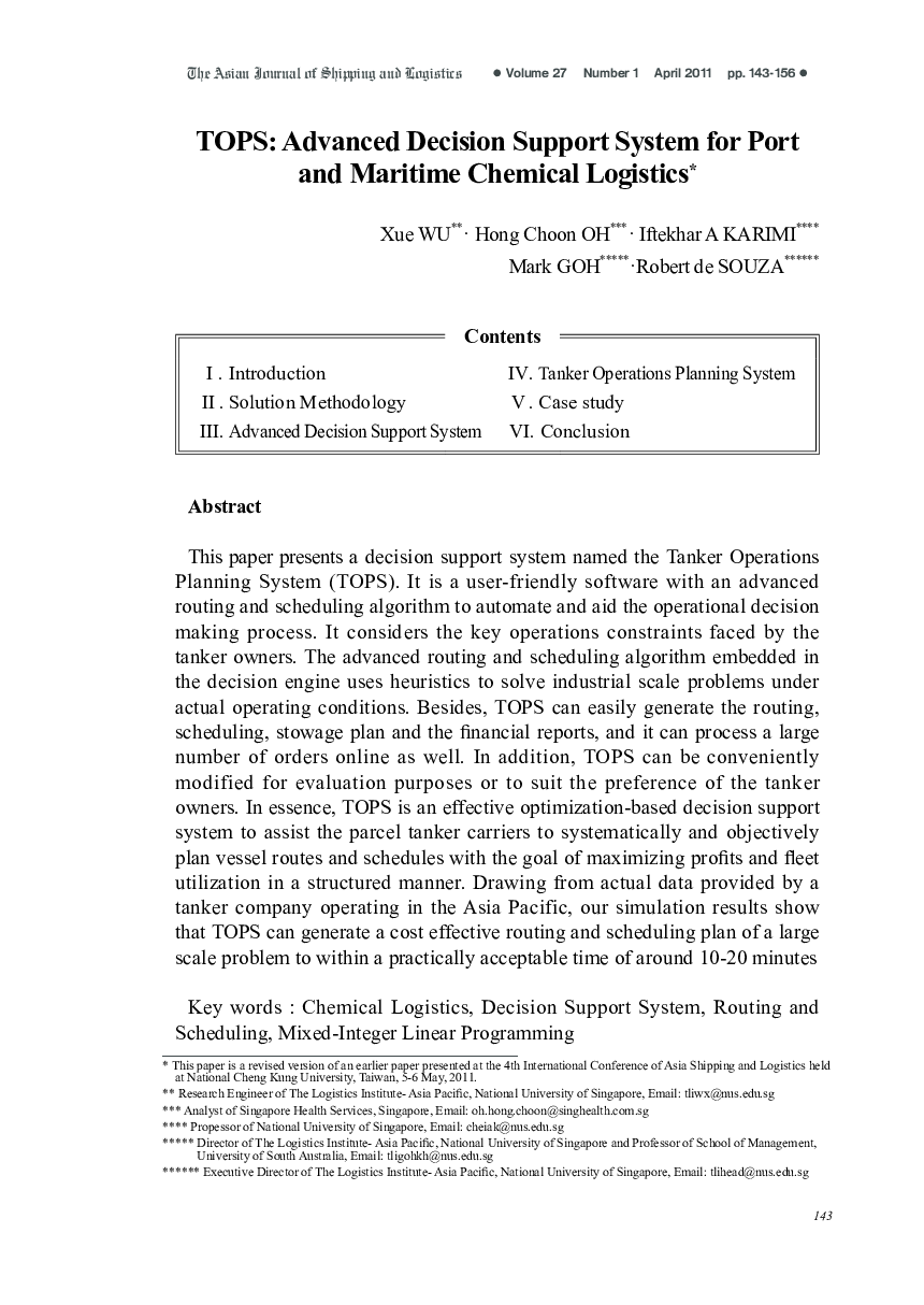 TOPS: Advanced Decision Support System for Port and Maritime Chemical Logistics 