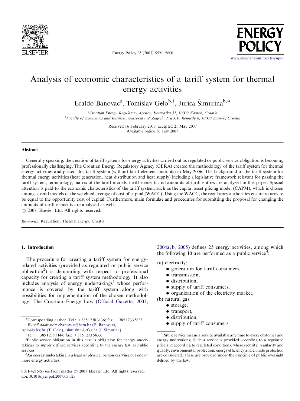 Analysis of economic characteristics of a tariff system for thermal energy activities