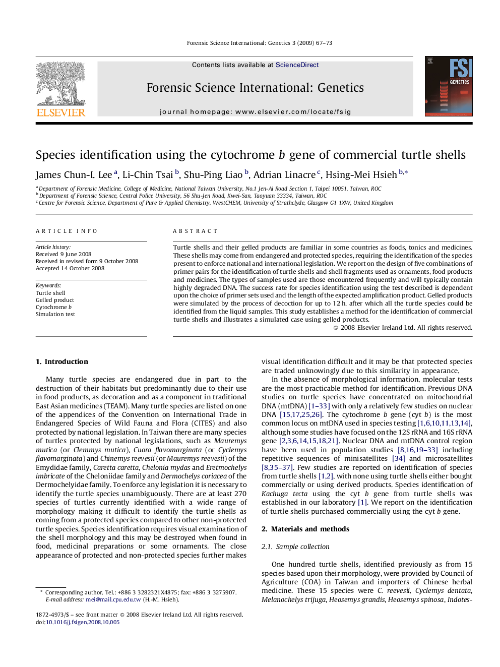 Species identification using the cytochrome b gene of commercial turtle shells