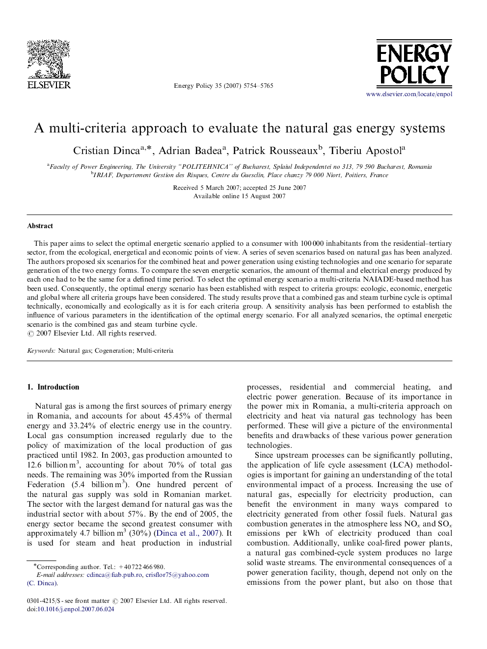 A multi-criteria approach to evaluate the natural gas energy systems