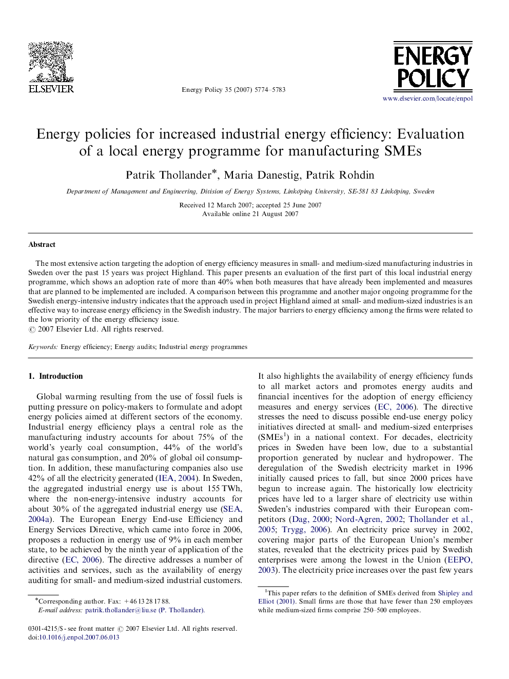 Energy policies for increased industrial energy efficiency: Evaluation of a local energy programme for manufacturing SMEs