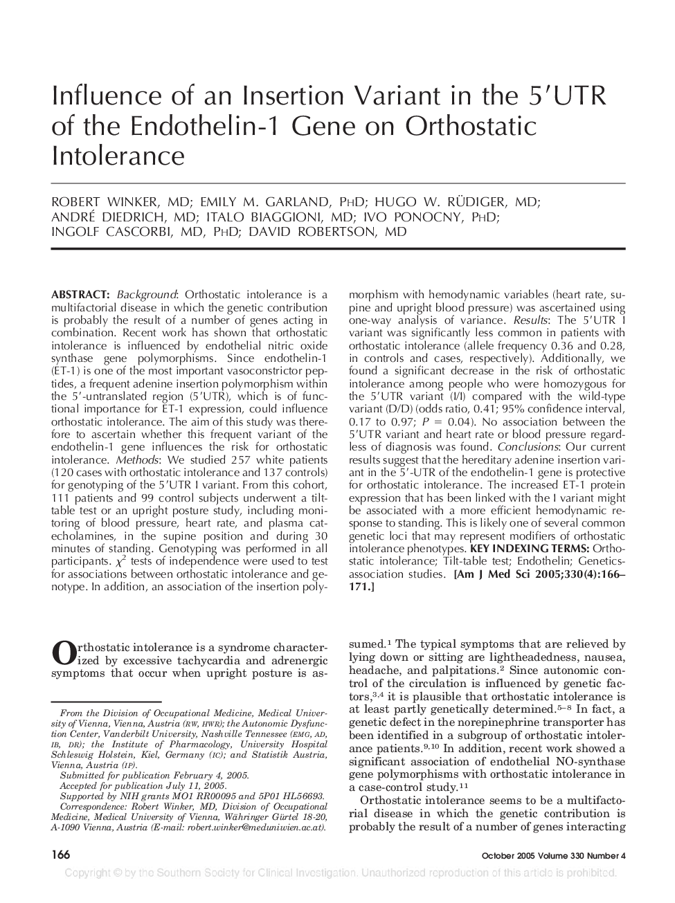 Influence of an Insertion Variant in the 5Ê¹UTR of the Endothelin-1 Gene on Orthostatic Intolerance