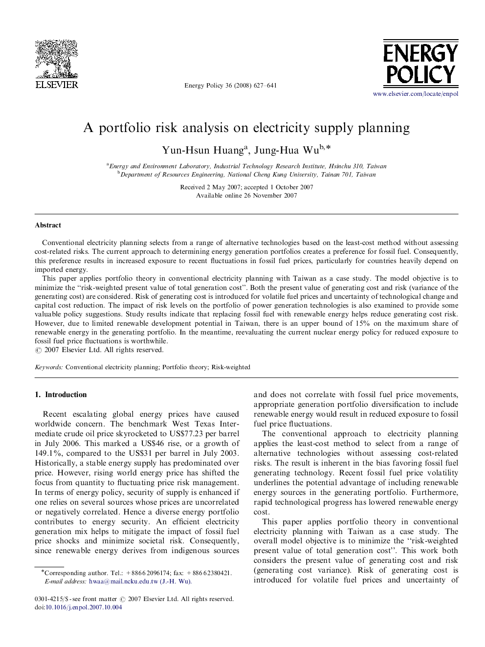 A portfolio risk analysis on electricity supply planning