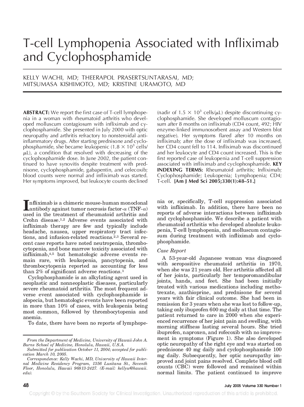 T-cell Lymphopenia Associated with Infliximab and Cyclophosphamide