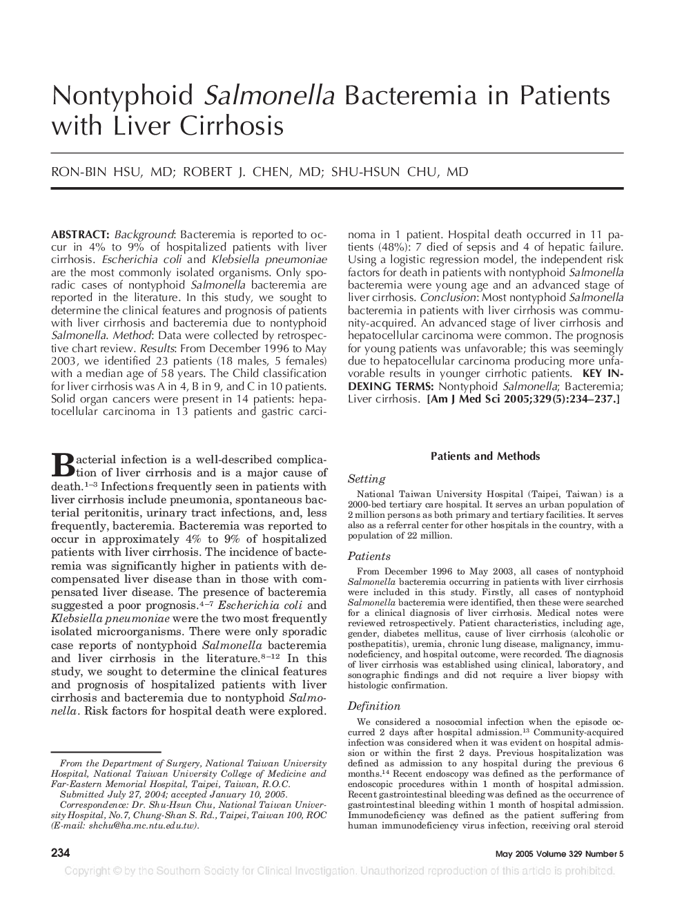 Nontyphoid Salmonella Bacteremia in Patients with Liver Cirrhosis