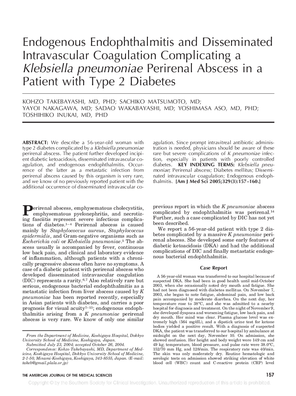 Endogenous Endophthalmitis and Disseminated Intravascular Coagulation Complicating a Klebsiella pneumoniae Perirenal Abscess in a Patient with Type 2 Diabetes