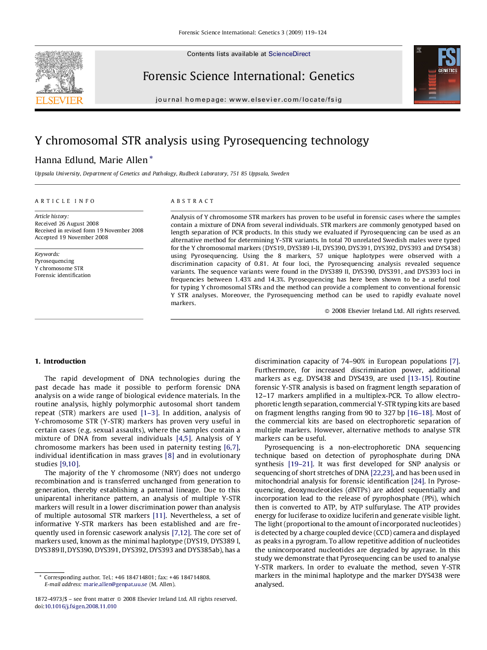 Y chromosomal STR analysis using Pyrosequencing technology