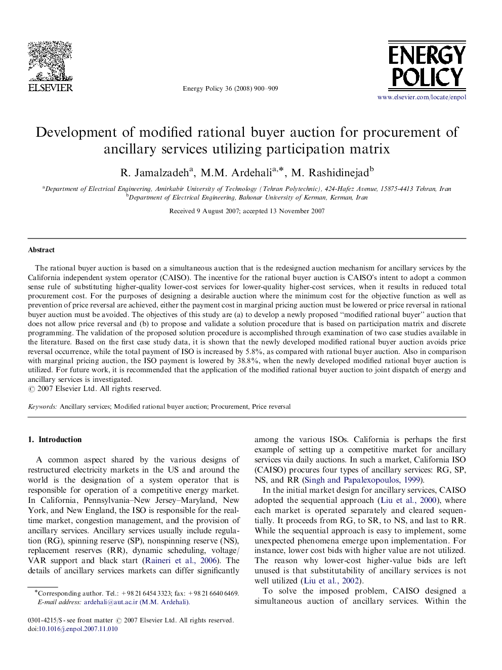 Development of modified rational buyer auction for procurement of ancillary services utilizing participation matrix