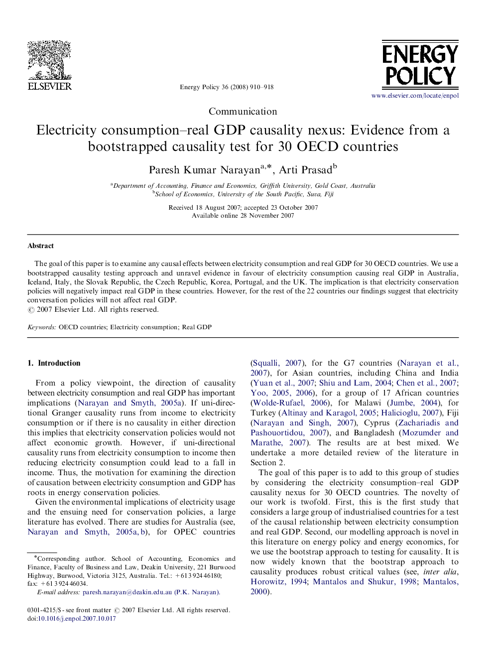 Electricity consumption–real GDP causality nexus: Evidence from a bootstrapped causality test for 30 OECD countries