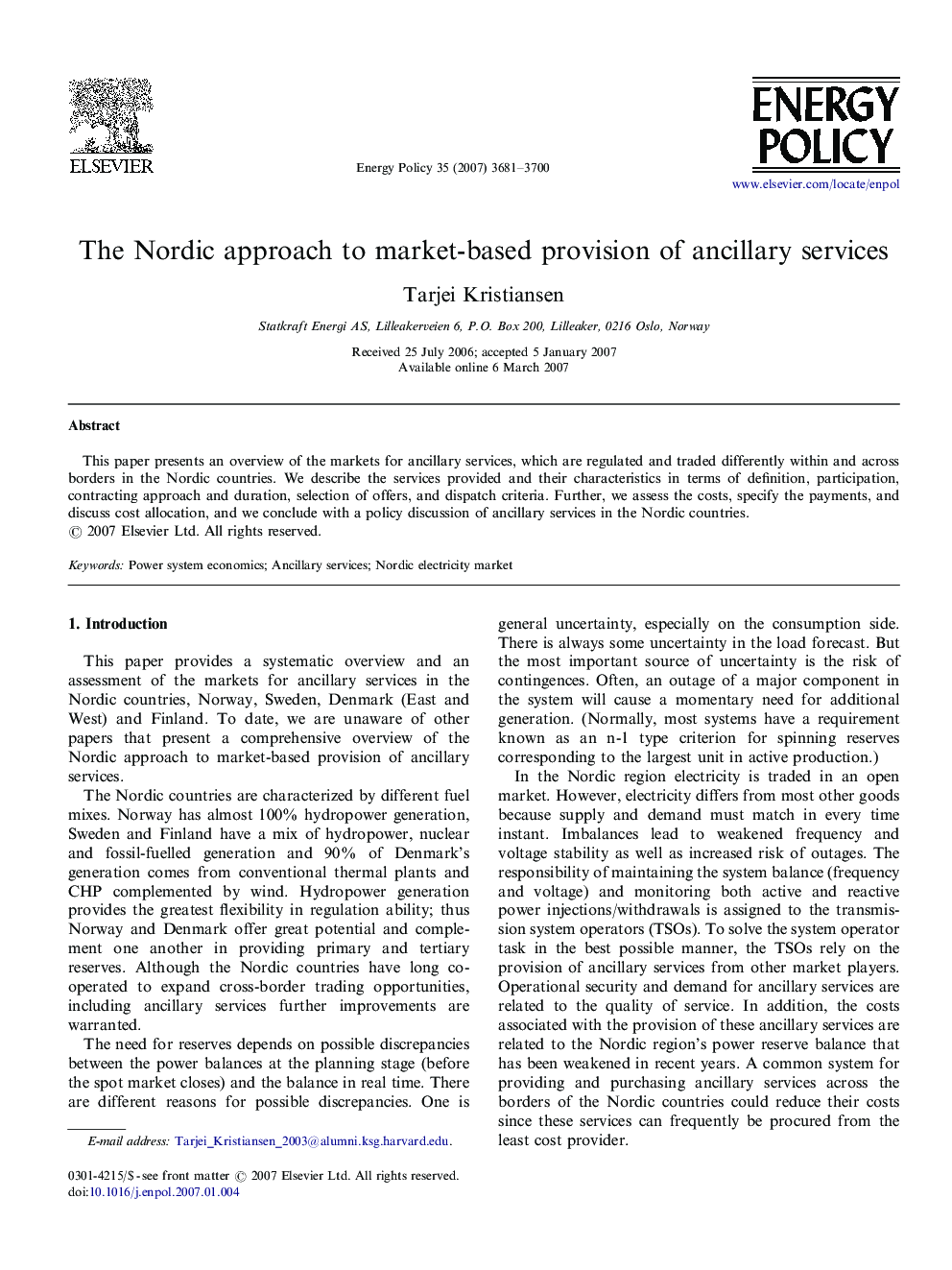 The Nordic approach to market-based provision of ancillary services