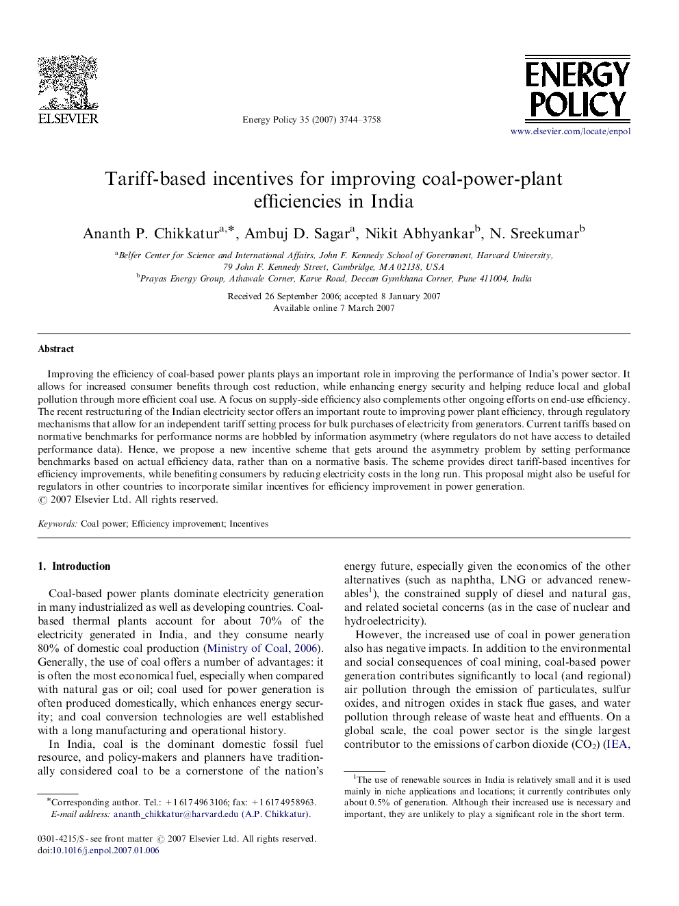 Tariff-based incentives for improving coal-power-plant efficiencies in India